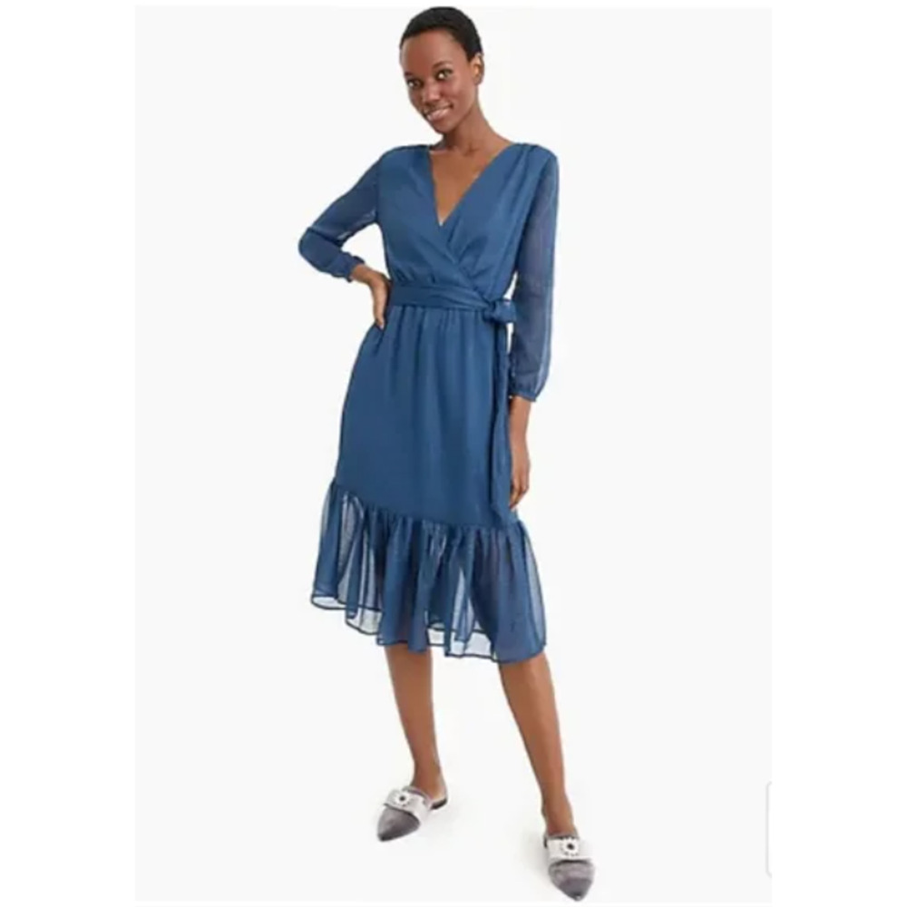 NEW J.Crew Point Sur Faux Wrap Dress Womens 12 Blue Lurex Chiffon Tiered Ruffle